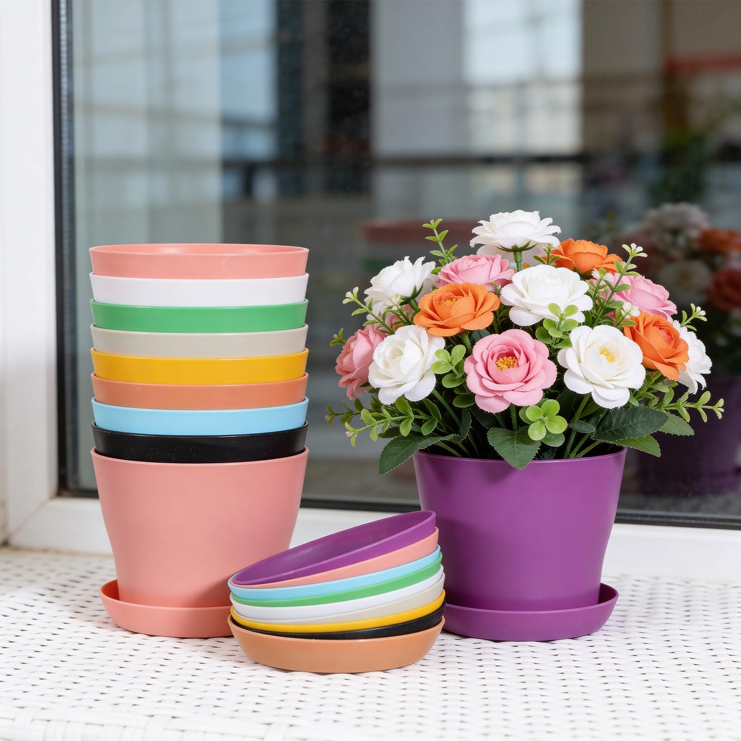 PercyEffie 50 Pack 4 Inch Plant Pots, Bulk Small Plastic Planters with Drainage Holes and Saucers Flower Pot for Flowers, Succulent, Cactus, Seed Starting Pots, Colorful