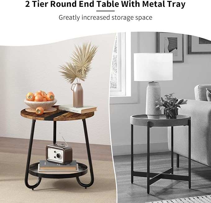 2 Tier Coffee Table in Living Room, Industrial Style Round Coffee Table