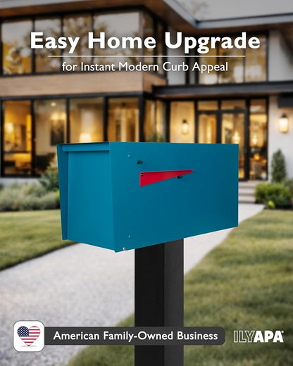 Ilyapa Modern Mailbox for Outside Post Mount - Blue Powder Coated Metal Mailbox, Waterproof Letter Box for Parcels, Recessed Magnetic Close Door