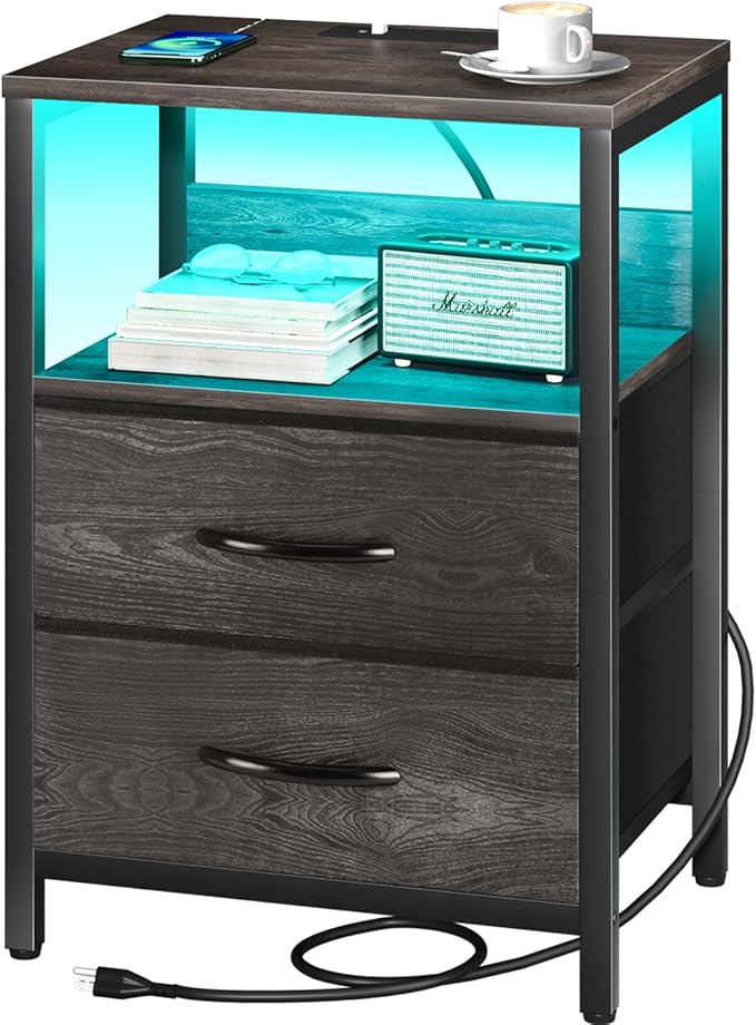 Yoobure Nightstand with Charging Station, LED Night Stand with Fabric Drawers