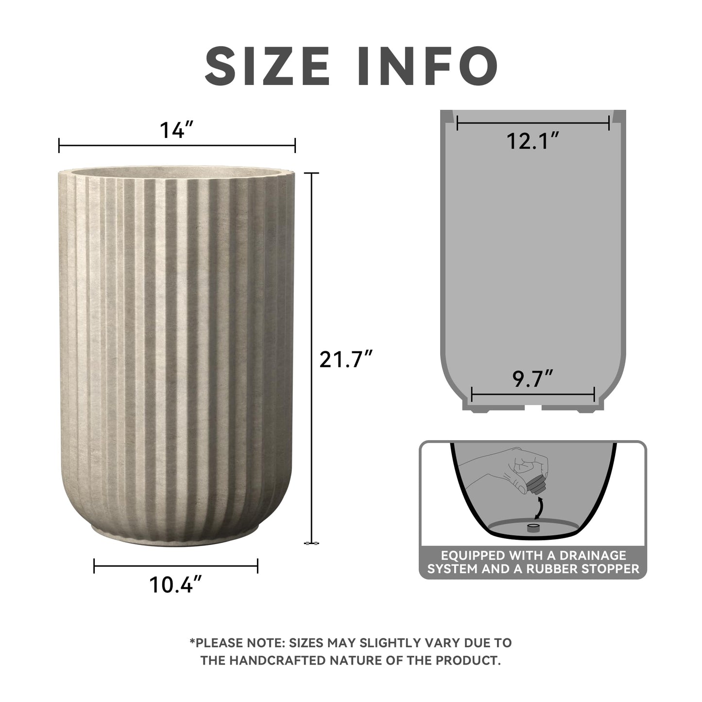 Kante Tall Fulted Planter, 21.7 Inch Tall Round Concrete Plant Pots with Drainage Hole and Rubber Plug, Modern Decor for Indoor Outdoor Plants, Flower, Weathered Concrete