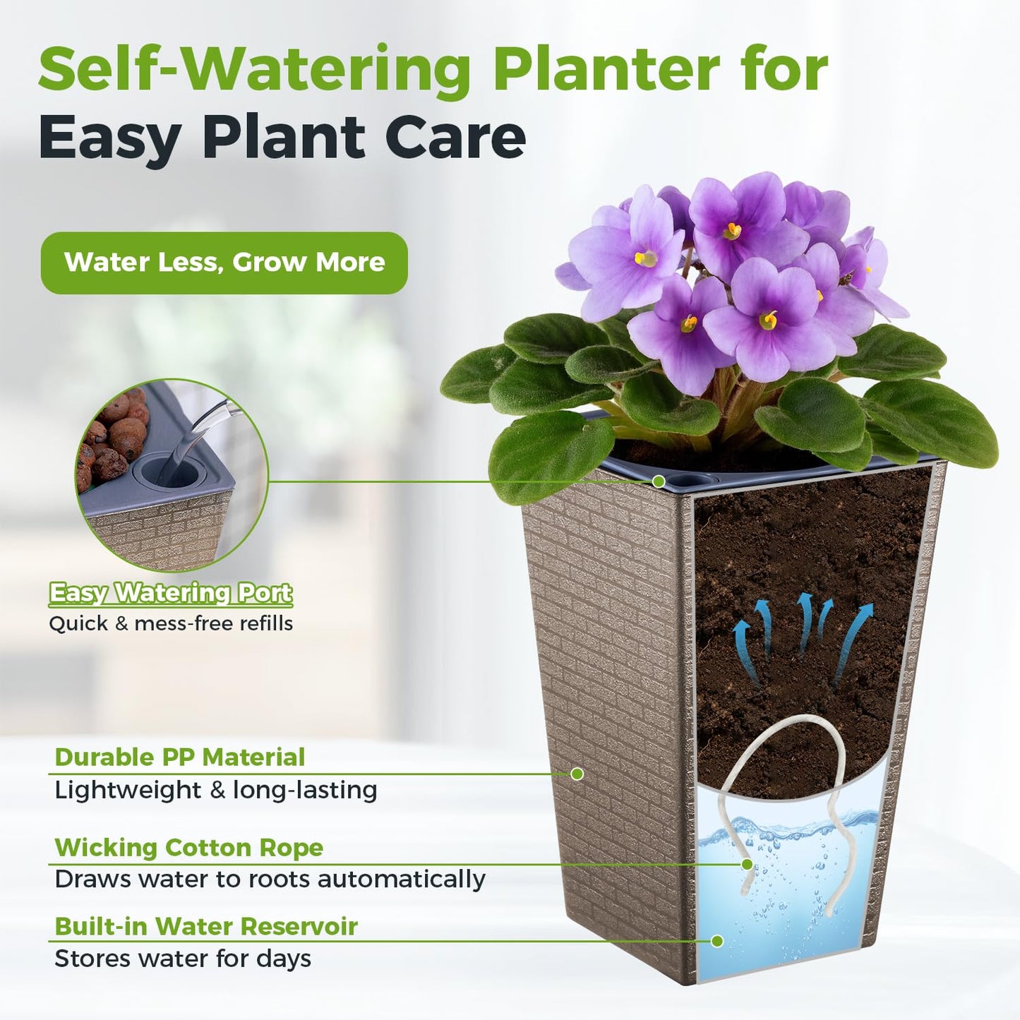 Self Watering Pots for Indoor Plants, 2 Pack Flower Pots Self Watering Planter 10.7" x 6.9" Plastic Pots African Violet Wick and Grow Pots Tall Orchid pots Square Large Plant Pots, Bronze