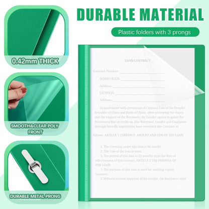 Teling 100 Pcs Plastic Report Covers with 3 Prong Fasteners 11.42 x 9.45 Inch Clear Front Report Covers Bulk Presentation Folders for School Document(Green)