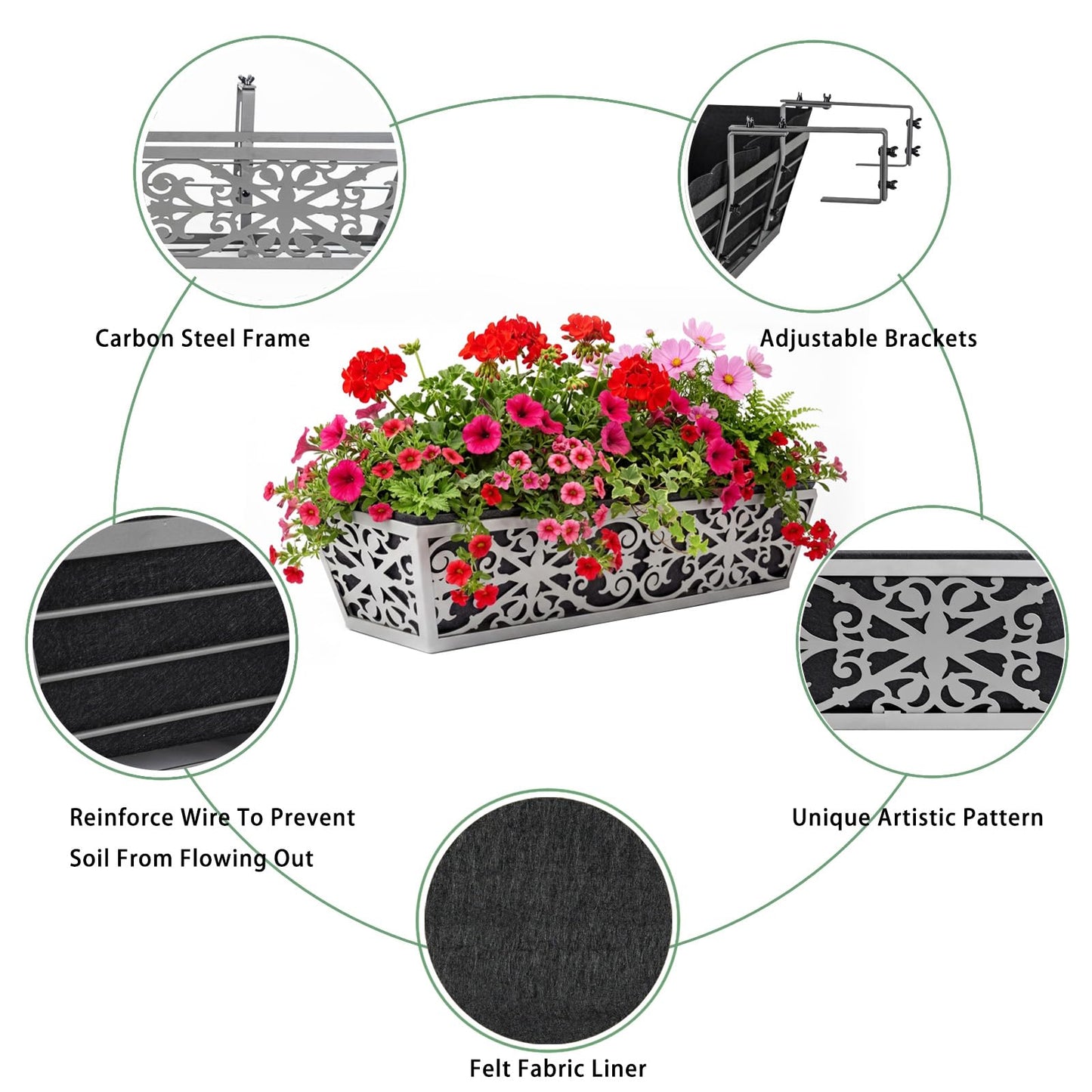 6 Pack 24 Inch Window Boxes Planter for Outdoor Plants Deck Railing Planters Box with Adjustable Brackets for Porch Fence Balcony Hanging Flower Baskets with Non-Woven Fabric Liner for Garden Decor