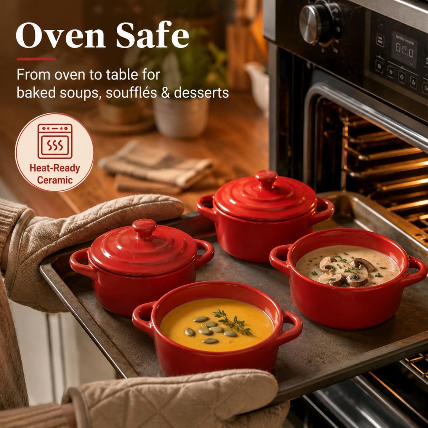 RHBLME 6 Pack French Onion Soup Bowls, 7 Oz Ramekins Oven Safe Mini Cocotte, Red Ramekins with Lids Oven Safe Soup Bowls for Creme Brulee, Pot Pie, Lava Cakes, Pumpkin Soup