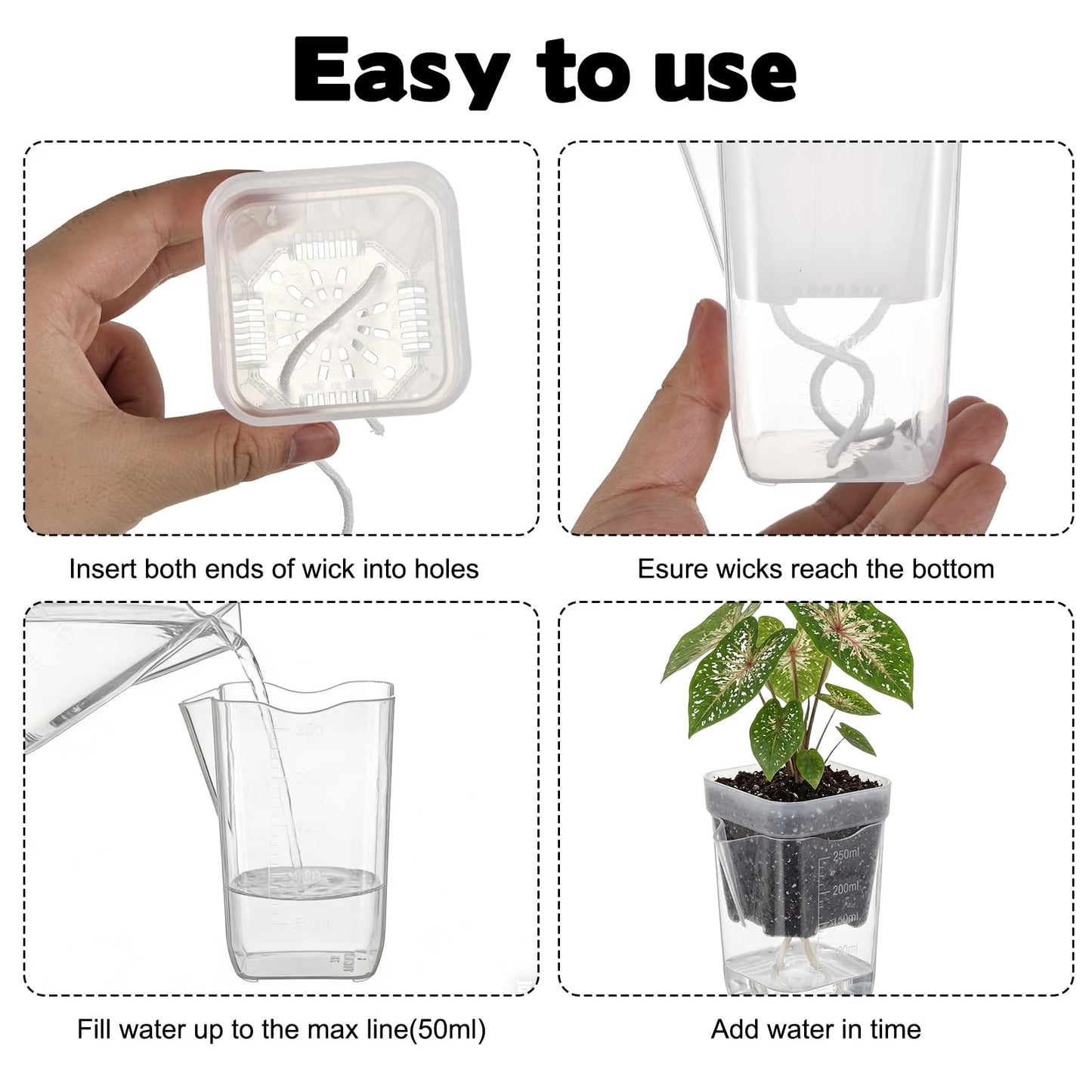KKONHII 10 Pack 2.52" Small Self Watering Pots for Indoor Plants, Clear Plastic Planters with 10 Plant Label and Water Level Indicator Drainage Hole for Succulents, Propagation, African Violet