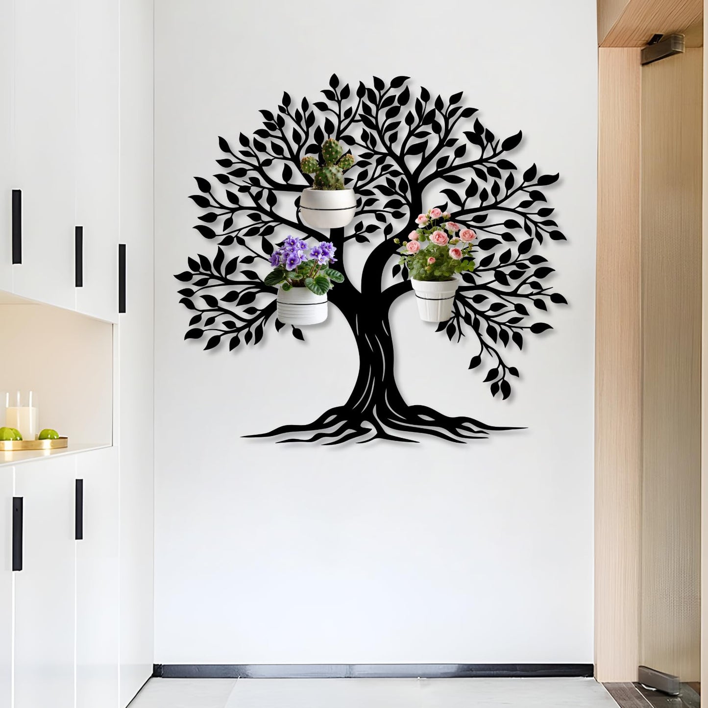 Tree of Life Metal Wall Mounted Plant Holder, Tree Wall Plant Holders Indoor Stand, Metal Hanging Plants Shelf for Living Room, Entryway (Black, 31"x 29"| 80x75cm, 3 Pack 6" Flower Pot Holder Ring)