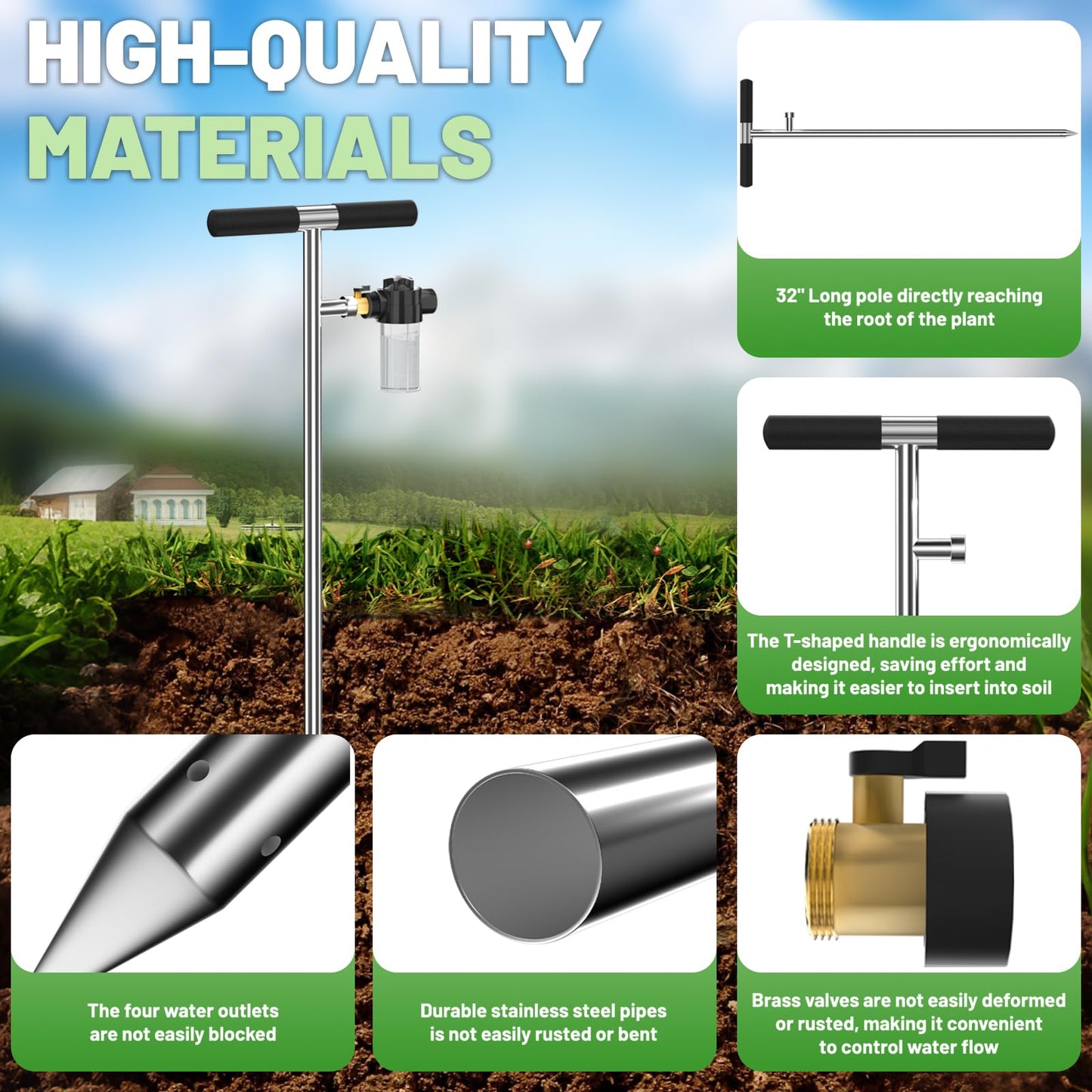 Hermsche Deep Root Tree Watering Tool, Stainless Steel Tree Watering Spike with Fertilizer Bottle, Root Feeder with Brass Valve T-Handle, Irrigation System Watering Stake for Garden Orchard Shrub