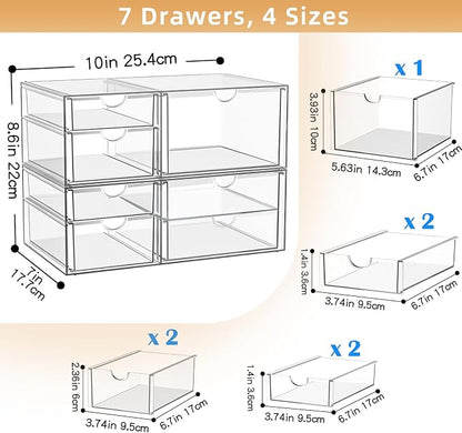 YFXCVSL Clear Stackable Storage Drawers, Acrylic Makeup Organizer with 7 Drawers, Bathroom Organizers and Storage, Plastic Bins for For Vanity, Undersink, Kitchen Cabinets, Pantry