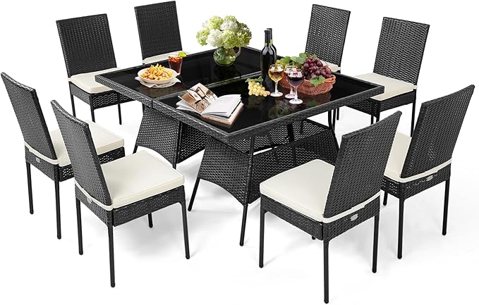 Tangkula 10 Pieces Wicker Patio Dining Set, Outdoor Rattan Table & Chairs Set