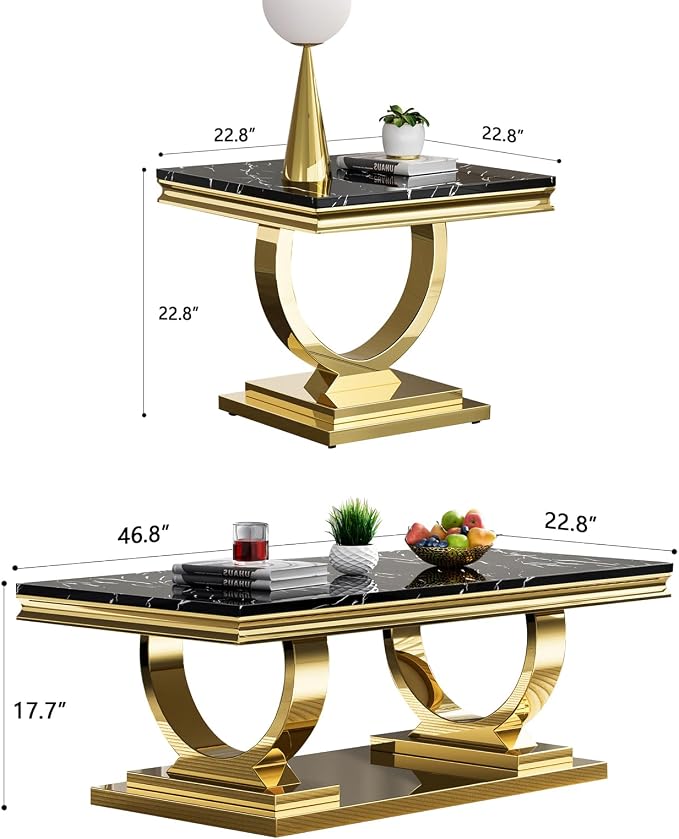 2 Piece Living Room Table Set Include 1 Faux Marble Coffee Table & 1 End Table, Modern Black Gold Coffee Table Set of 2 with Double O Shape Stainless Steel Pedestal Base