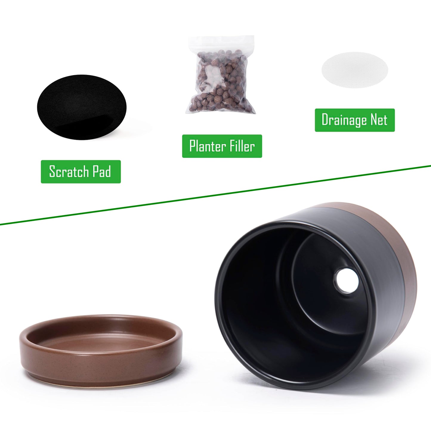 D'vine Dev Set of 4 Small Ceramic Plant Pots, 4.7 Inch Succulent Planter Pot for Plants with Drainage Hole and Saucer, Black/Speckled Tan, 94-X-B-7