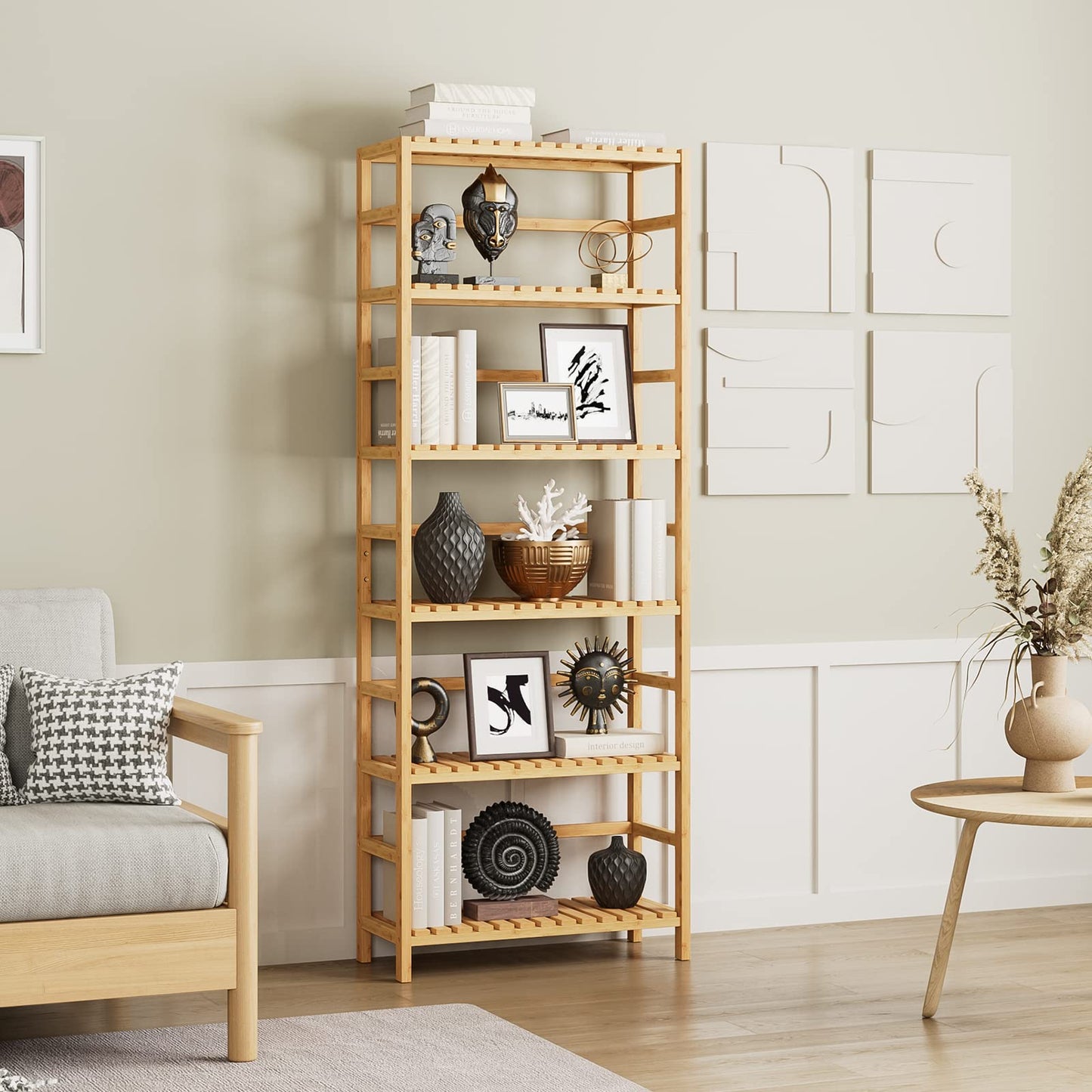 Bamjoy Bamboo Shelf, 6 Tier Bookcase Storage Shelves, Tall Book Rack Shelving Unit, Multipurpose Storage Display Shelf Adjustable Storage Rack for Bathroom Home Office Living Room Kitchen, Natural