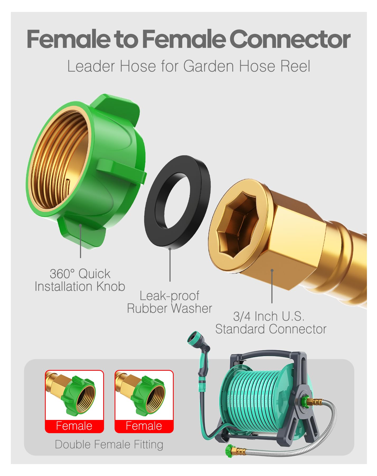 Short Metal Garden Hose 5 ft with Female to Female Connector， Stainless Steel Small Leader Hose for Hose Reel, Long, Flexible, Lightweight & Heavy Duty Water Pipe, Outdoor Water Hose Extension Adapter