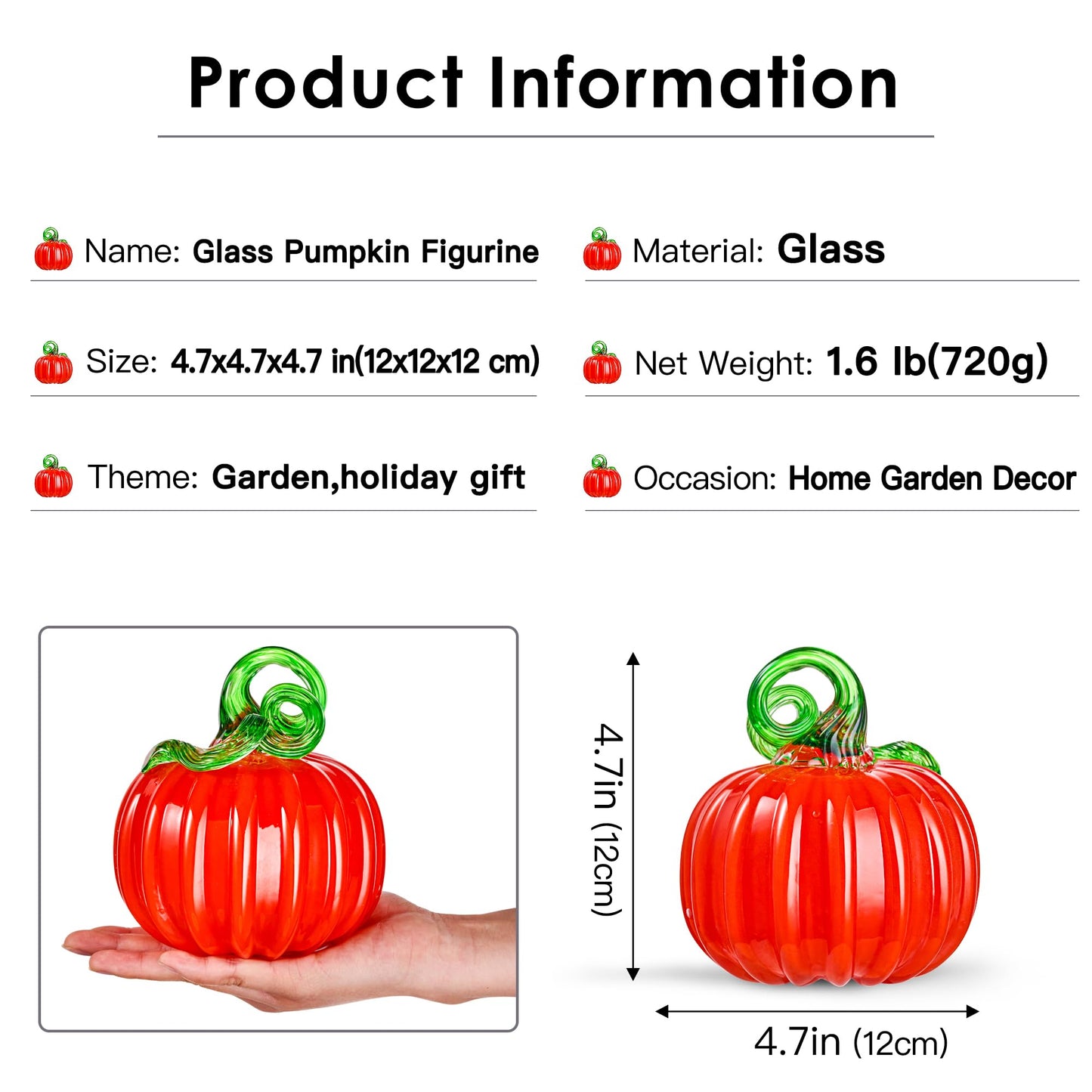Hand Blown Art Glass Pumpkin Collectible Figurines, Glass Pumpkin Paperweight, Thanksgiving Halloween Gifts Decor, Home Decoration, Office Decoration. (Orange)