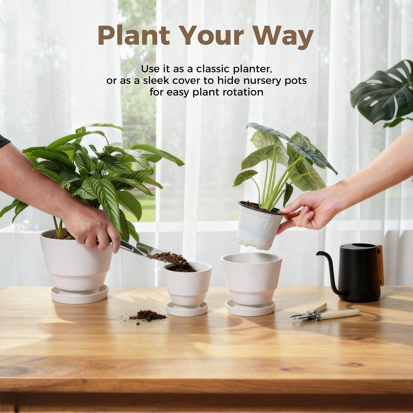 Bamworld Plant Pots Planters for Indoor Plants Flower Pots with Drainage Holes 3.5/4.9/6.3 Inch Set of 3 Plastic Planters for Outdoor Plants Garden Office Room Home Decor Textured White