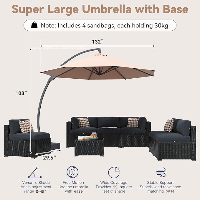 Aoxun Patio Furniture Set with Umbrella, 8 Piece Outdoor Sectional Sofas