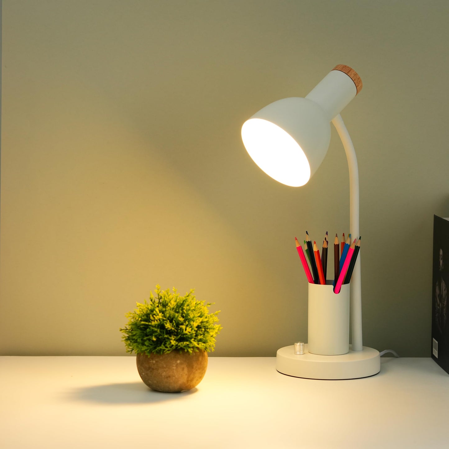 YSJUENAII Desk Lamp with Pen Holder, Green, Wood Accent, Adjustable Gooseneck, Modern Study Light (Green)