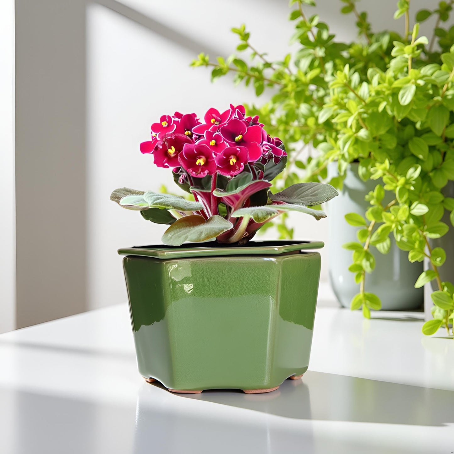 Dphagesy African Violet Pots 6 inch Hexagon Self-Watering Ceramic Pots 4.50'' Opening(Green)