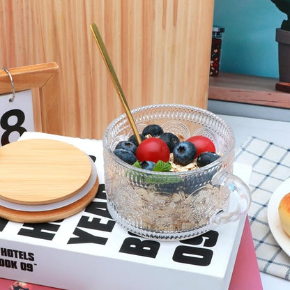 4pcs Overnight Oats Containers with Lids,Vintage Coffee Mugs gifts for women,Glass Cups with Spoons and Bamboo Lids,Great for Coffee, Overnight Oats,Juice. Excellent Choice for Gift Giving,Party