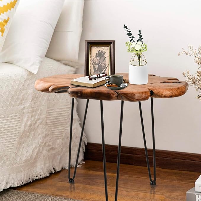 23.6 Inch Live Edge Side Table, Wood Freeform Small End Table