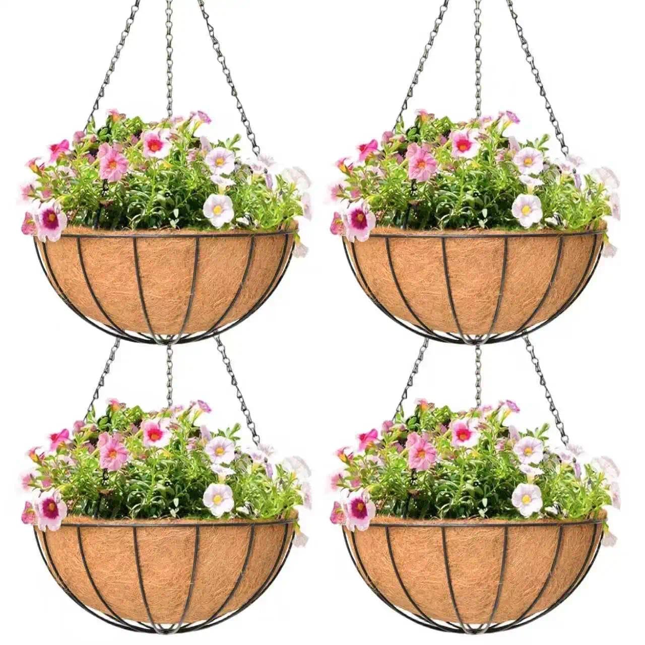 Qusuxi 4 Pack 16 Inch Hanging Planters Outdoor Metal Hanging Flower Baskets with Coco Fiber Liners Chain Round Wire Plant Holder Hanging Flower Pots (Watermelon)
