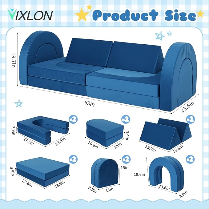 12 Pcs Modular Kids Play Couch, Toddler Couches That Fold Out, Plush Foam Chair