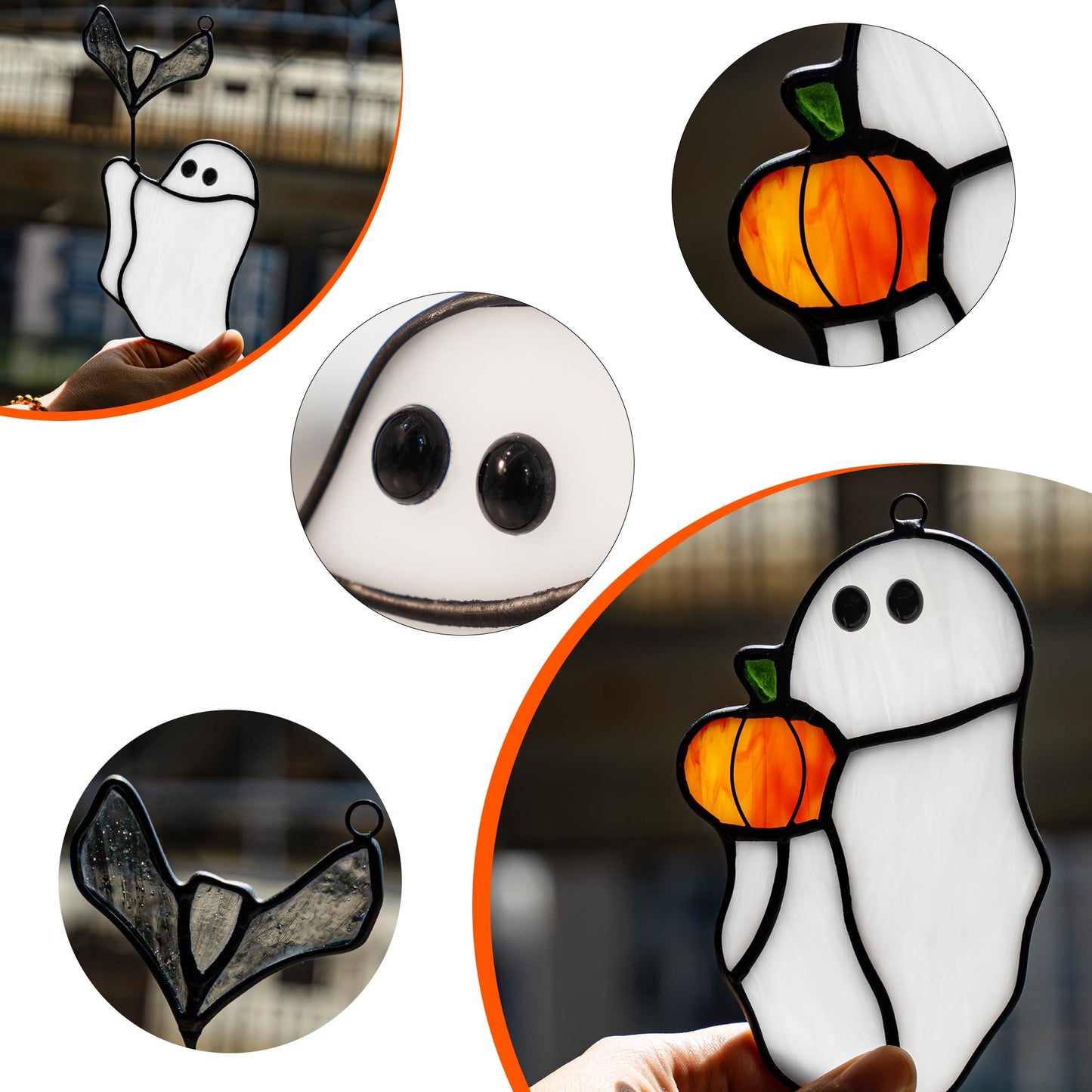 LITEPEDIA Ghosts Decor Stained Glass Window Hangings,Halloween Bat Ornament Stained Glass Suncatcher for Window,Cute Ghosts Gifts for Girls Boys,Funny Halloween Pumpkin Party Decor