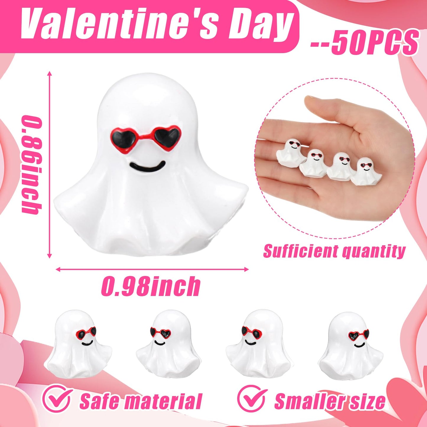 VioraWhite 50 Pcs Valentines Mini Ghost Figurines Cute Tiny Resin Ghost with Heart Sunglasses Miniatures Valentine's Day Romantic Gift Shelf Decor for DIY Crafts Landscape Garden Cake Topper Lawn