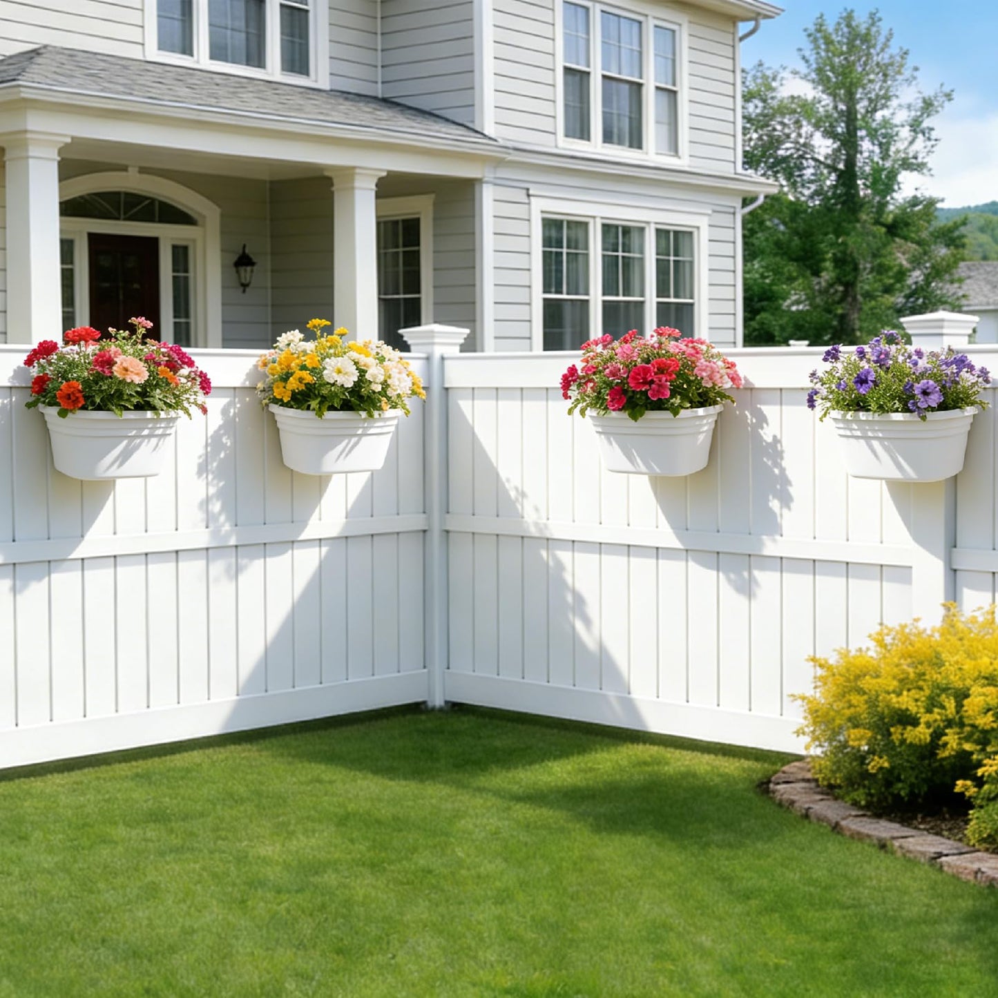 SprintGy 4 Pack Fence Post Planter for 5x5 PVC Fence Posts, 15.75 Inch Fence Hanging Planters for Outdoor Plants, Easy Install, White Flower Pots for Deck Railing Garden Yard Decor