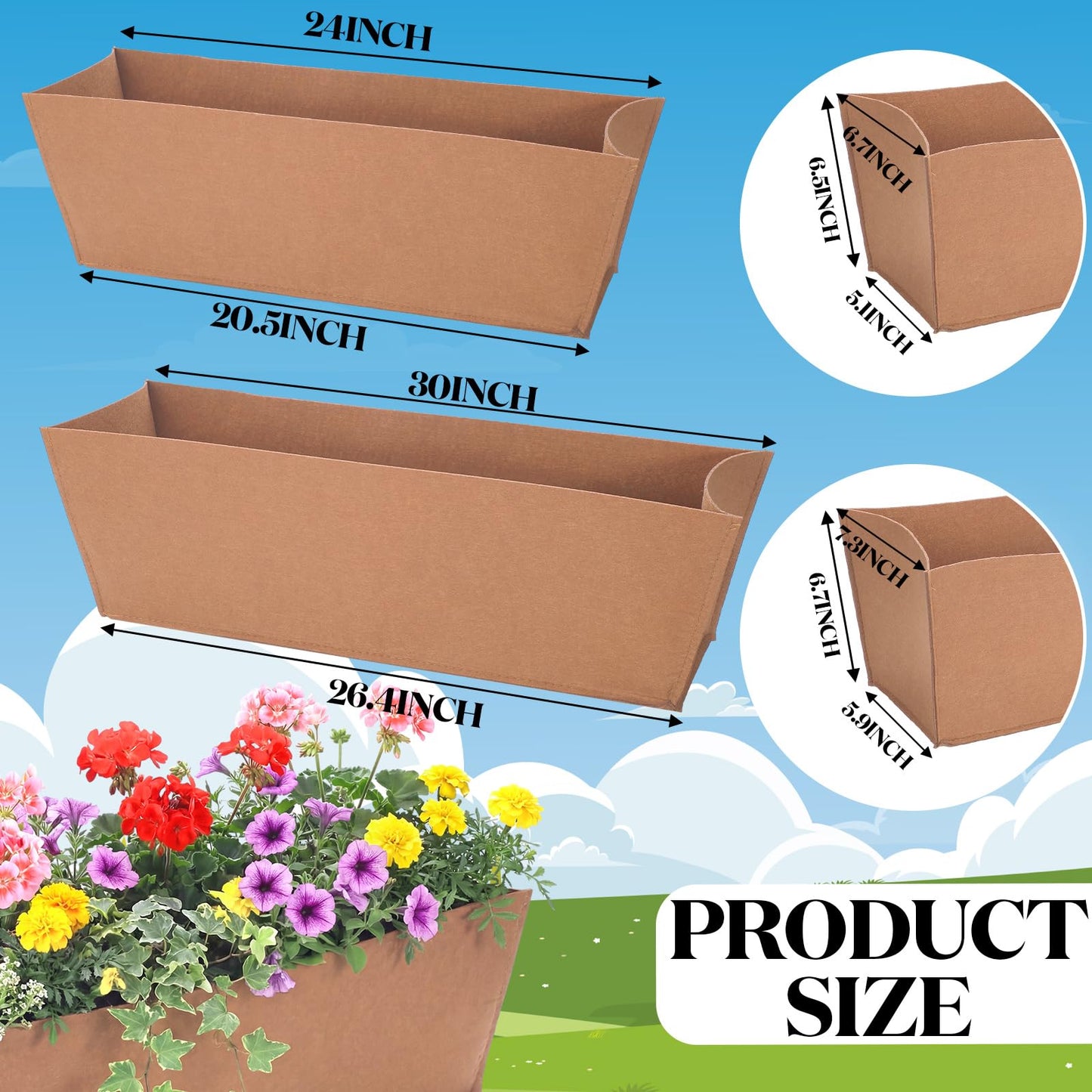 Ferrochef 4 Pcs 30 Inch Fabric Plant Window Box Liners Rectangle Non-Woven Planter Basket Liner Insert Brown for Outdoor Garden Fence Wall Railing Hanging Flower Pot, Moisture Retention