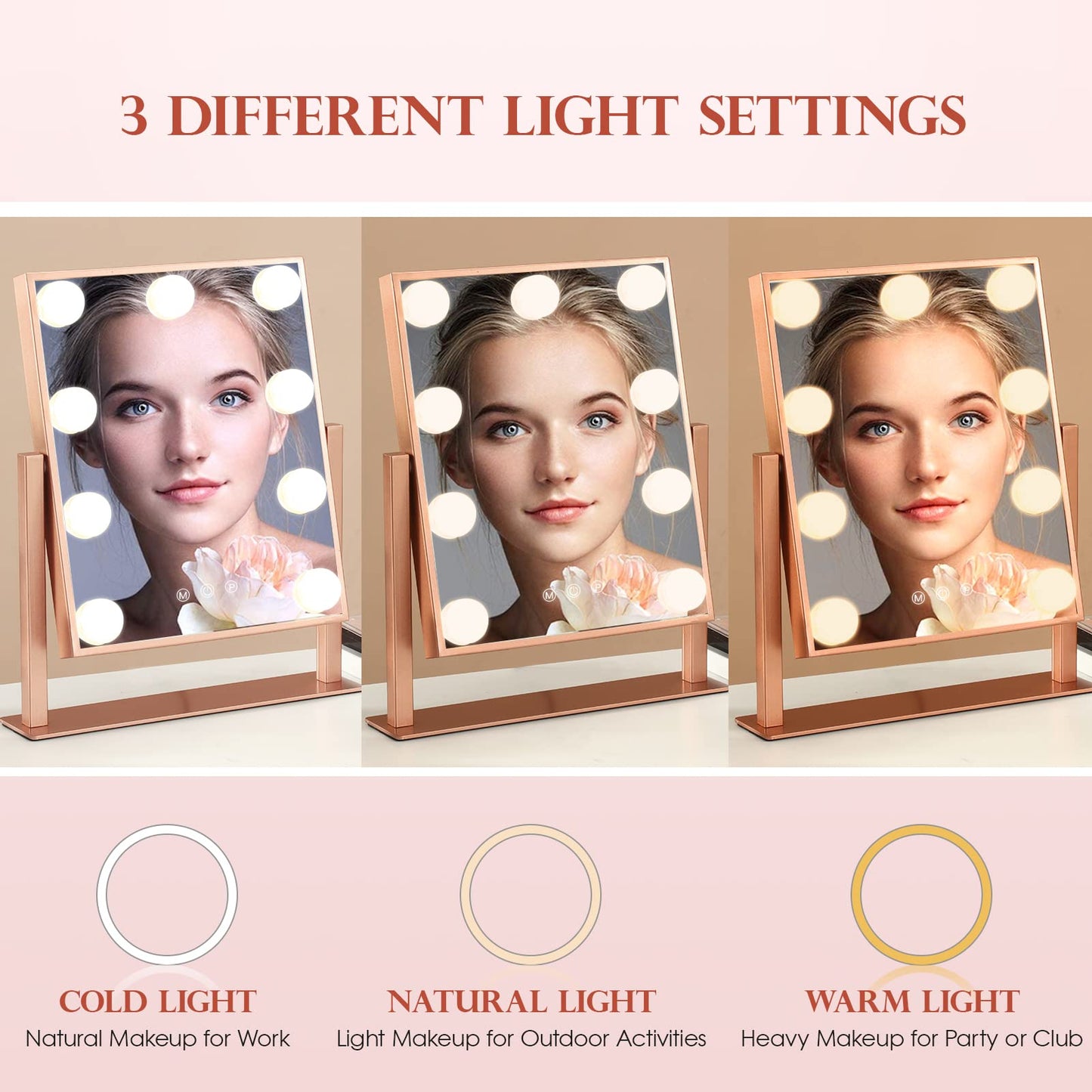Lighted Makeup Mirror Hollywood Mirror Vanity Mirror with Lights, Touch Control Design 3 Colors Dimable LED Bulbs, Detachable 10X Magnification, 360°Rotation, (White) 12" L x 14" W