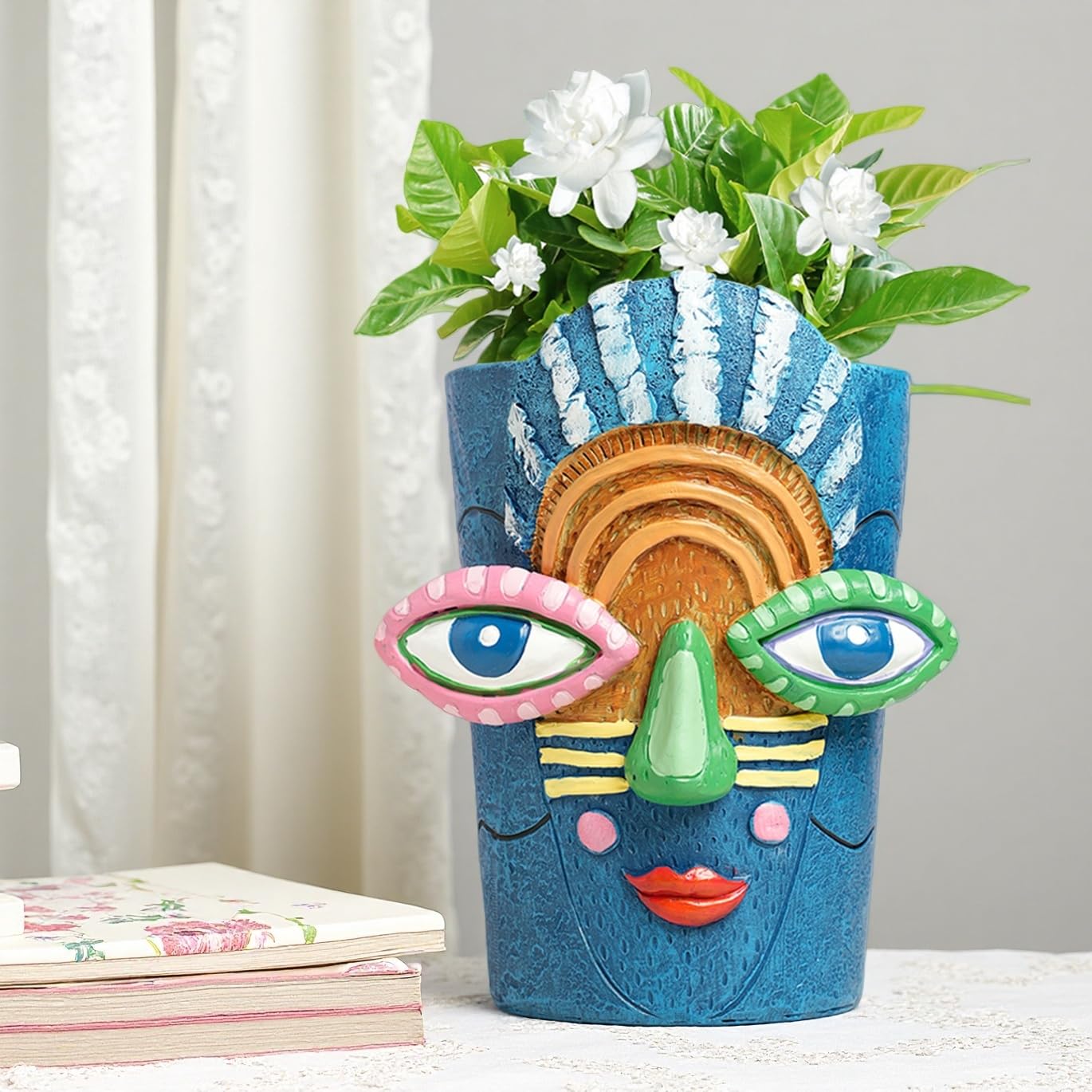 Yhupl Picasso Abstract Face Flower Pot,Plant Pot with Facial Expressions,Handmade Resin Plant Pot with Drainage Holes,for Indoor and Outdoor Botanical Home décor (Blue Small)