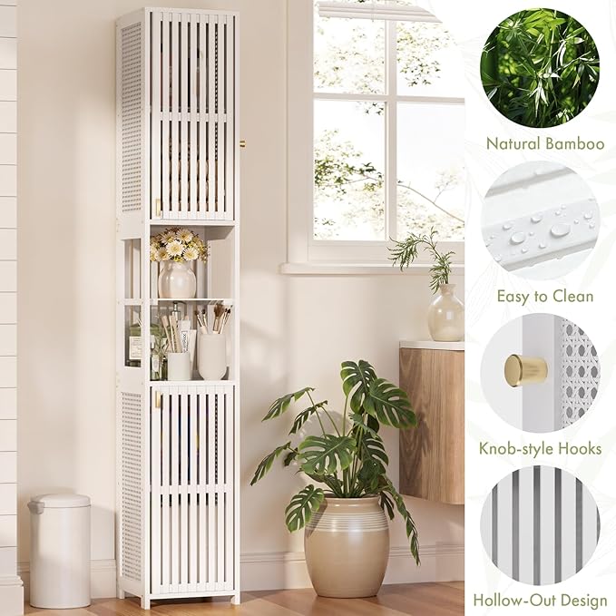 Amazer White Bathroom Storage Cabinet 70'', Bamboo Slim Storage Cabinet