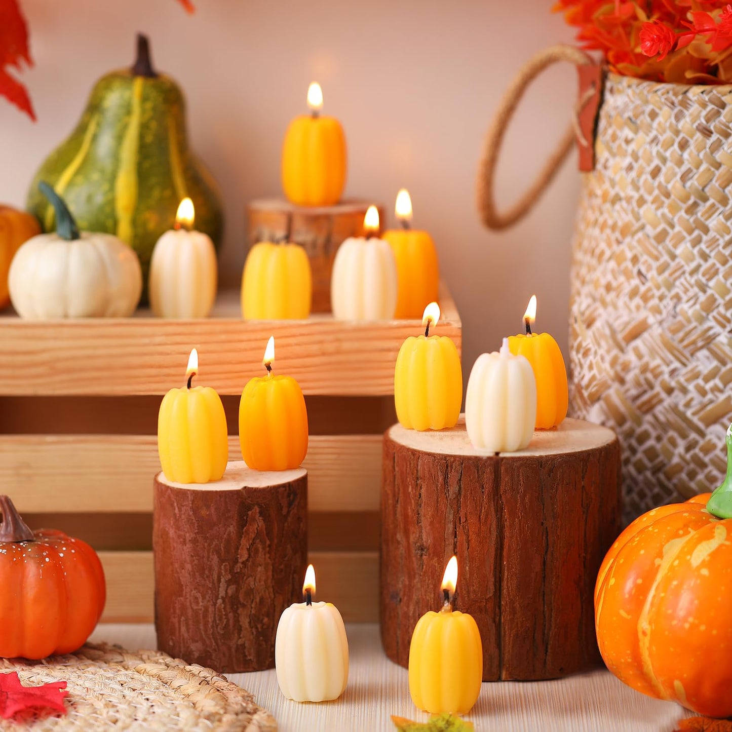 Conelist 12 Pcs Fall Pumpkin Shaped Candles Mini Pumpkin Votive Candles Thanksgiving Autumn Orange Yellow Handmade Soy Wax Scented Decoration for Gifts Home Bedroom Bathroom Party