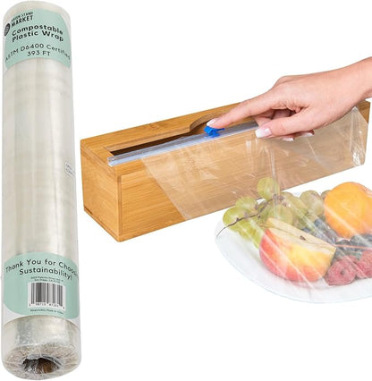 Compostable Plastic Wrap for Food with Dispenser & Cutter – 400 Sq Ft Roll, ASTM D6400 Certified