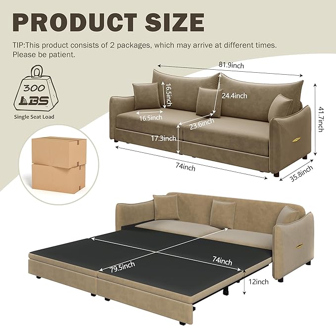 KEIKI 81.9" King Pull-Out Sofa Bed, 3-in-1 Convertible Sleeper Couch