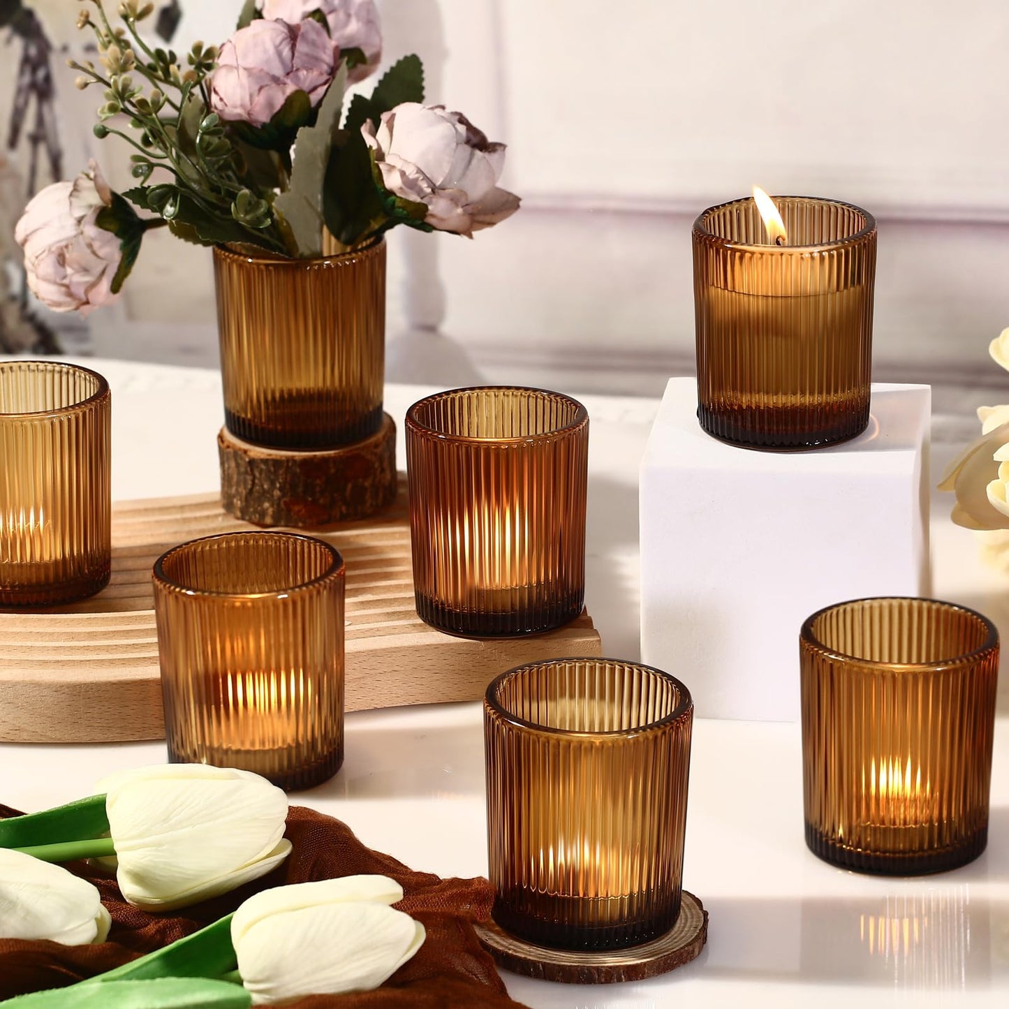 24 Pack Amber Votive Candle Holders Thanksgiving Decor, Glass Small Tea Lights Candle Holders for Table Centerpiece for Home Decor Party Fall Boho Decor(24,Amber)