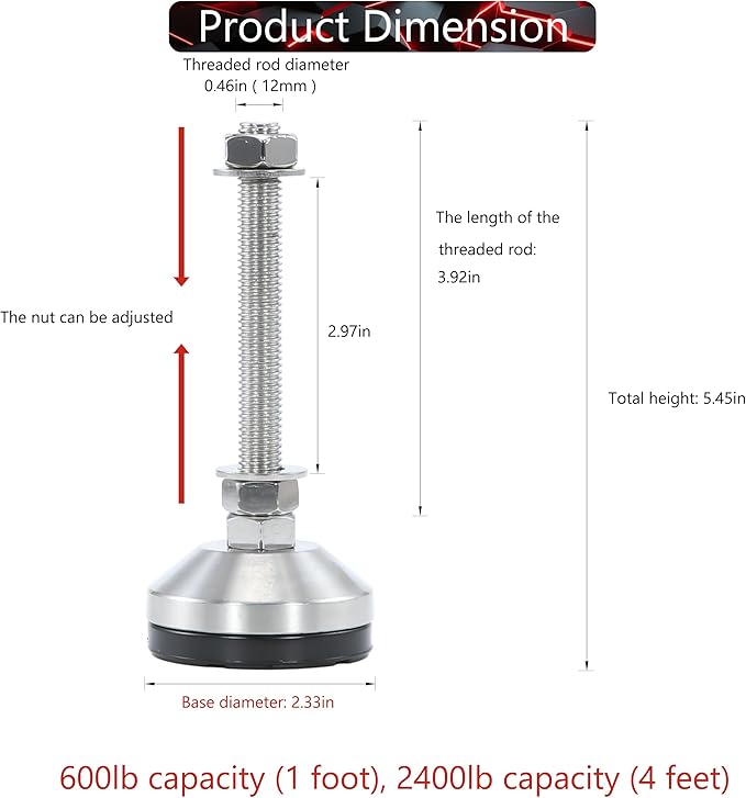 Heavy Duty 2400 lb Capacity Stainless Steel Adjustable Leveling Feet