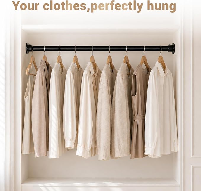 Closet Rod Adjustable 17 to 128 Inch, 1-1/4” Diameter, Closet Rods for Hanging Clothes, Stepless Metal Heavy Duty Hanging Rod for Closet Wardrobes Laundry RV (Black)