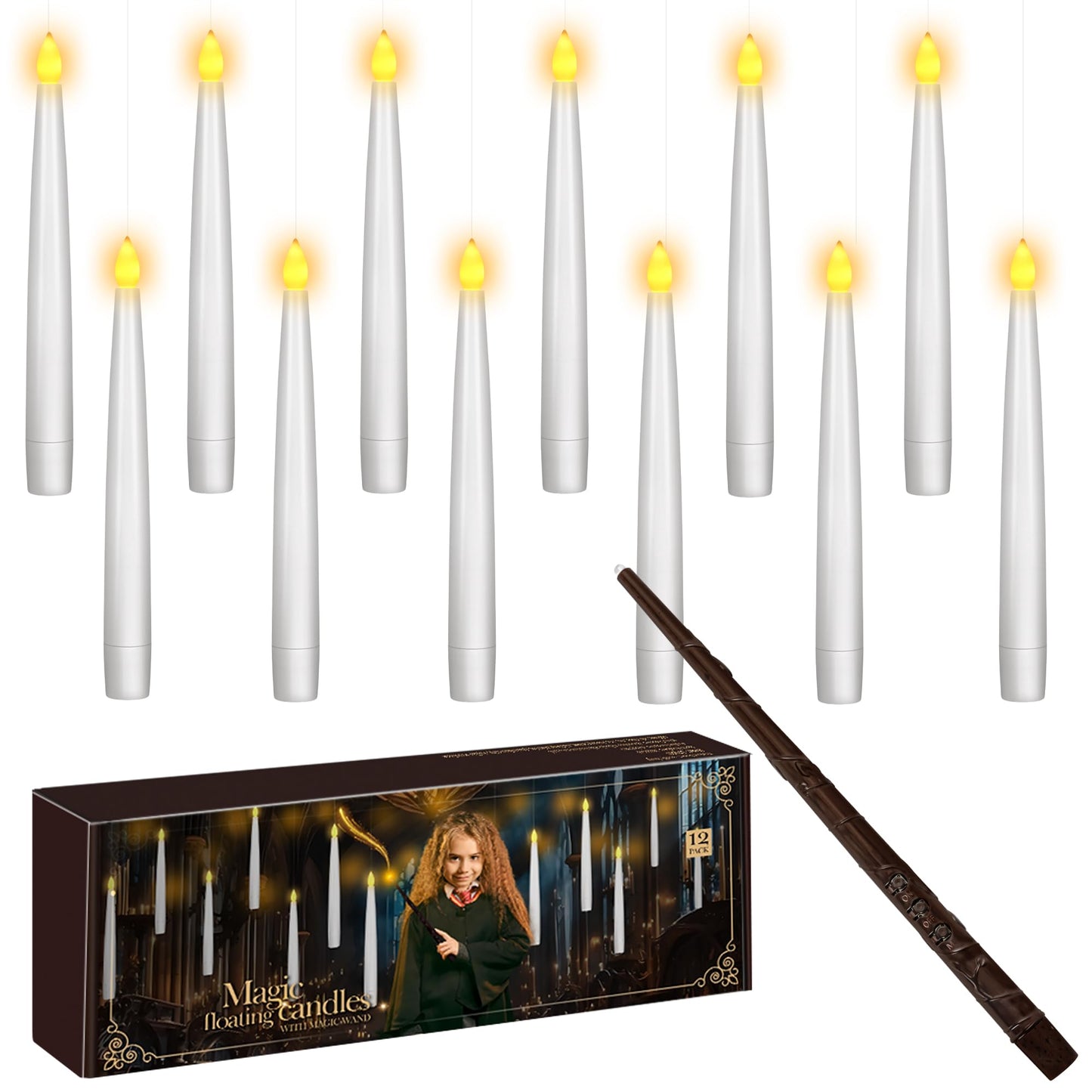 pmgro 12pcs Flameless Taper Candles with Remote, Dimmer, 3D Battery Operated Window Taper Candle with Flickering Light, 6.3IN Floating Hanging Candles with Wand, Christmas Decor for Home Wedding