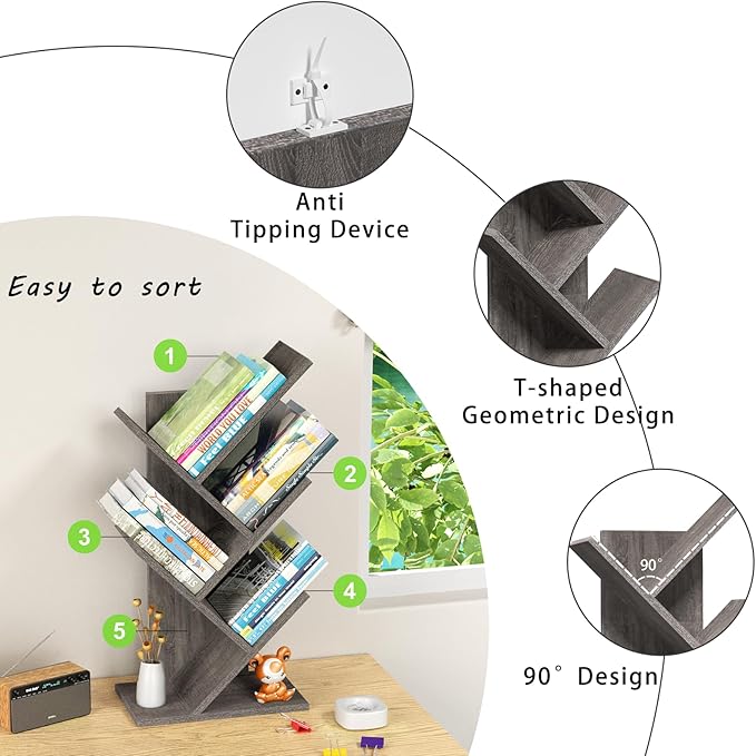 SHEEPAM 5 Tier Tree Book Shelf, Small Desktop Bookshelf