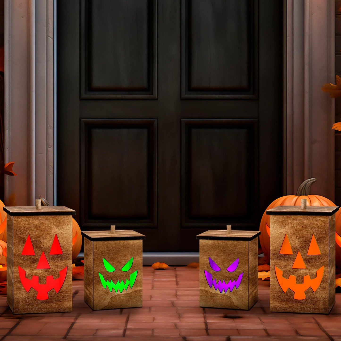 2 Pcs Wooden Jack O Lantern Pumpkins Halloween Light Up Jack O Lantern Outdoor Indoor Battery Operated Lighted Pumpkin With Spooky Face Halloween Decorations Party Favor Gift