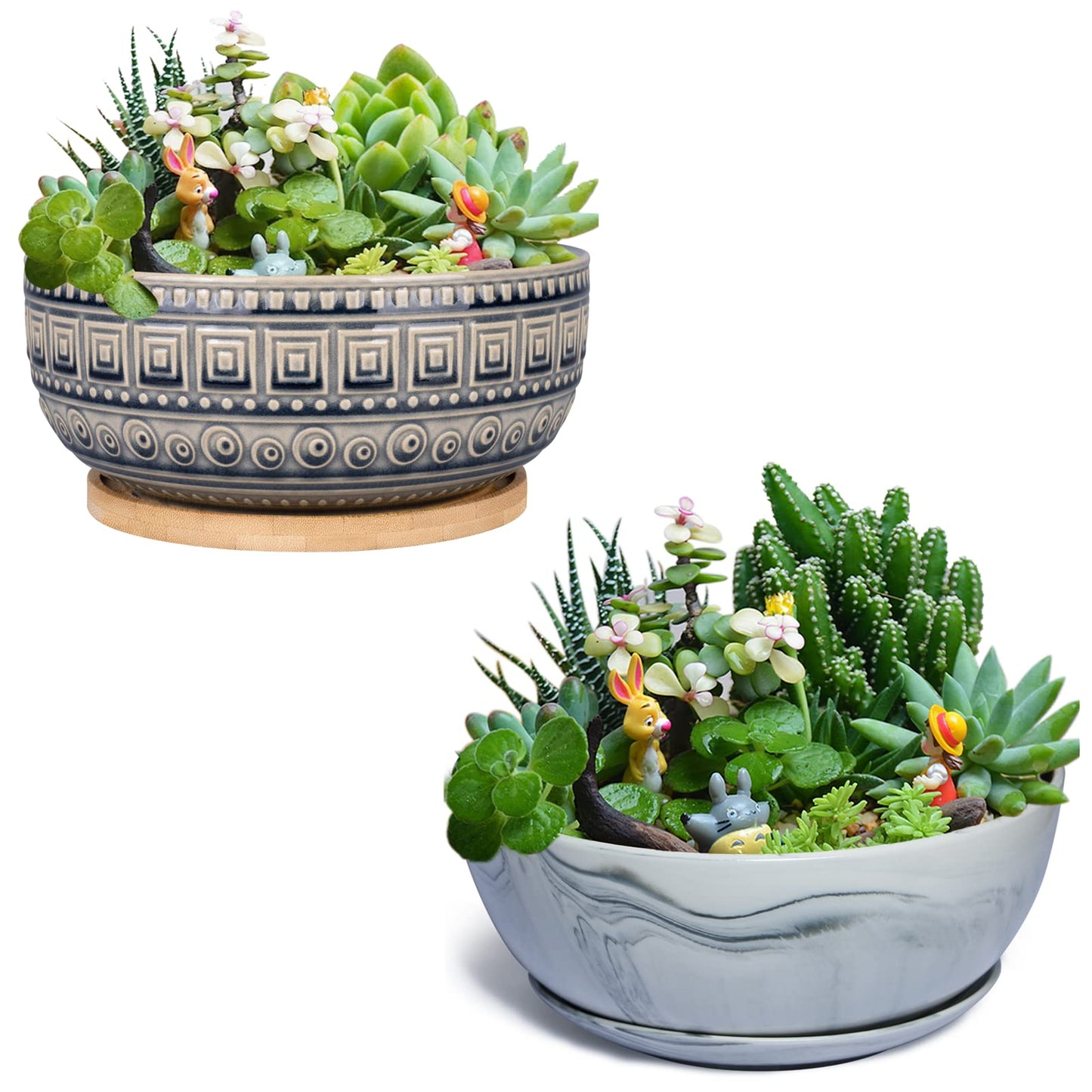 G EPGardening 8+10 Inch Ceramic Succulent Planter Pots Round Shallow Bonsai Planter Pot for Indoor Plants with Drainage and Plant Saucer