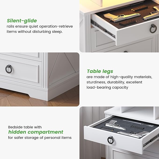 HNEBC Night Stand with Gun Drawers, Farmhouse Nightstand with Charging Station