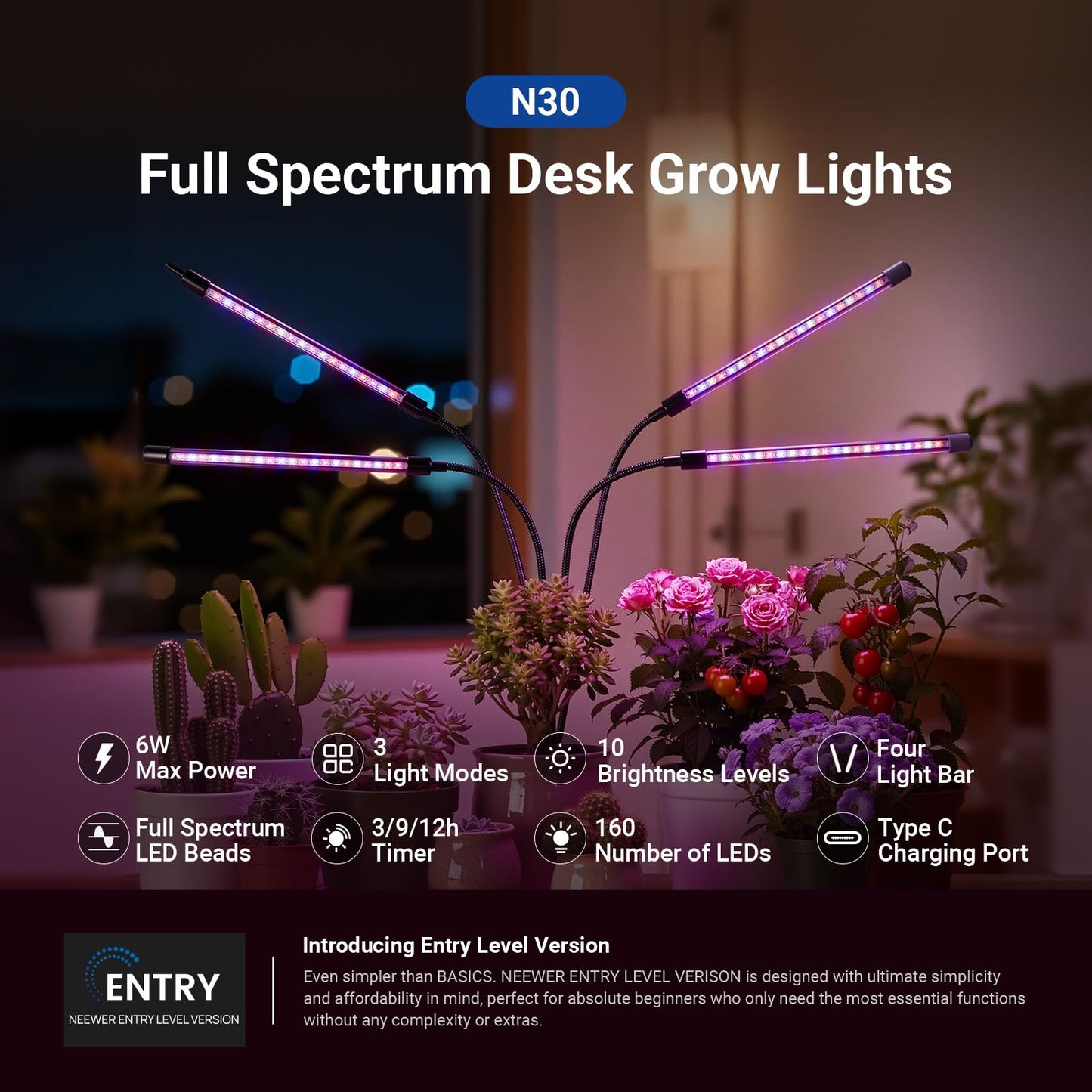 NEEWER ENTRY LEVEL VERSION Four Bar Grow Lights for Indoor Plants, Full Spectrum Clip Plant Growing Lamp with 160 Blue, Red, White LEDs, 3/9/12H Timer, Dimmable for Gardening Seed Starting Bonsai, N30