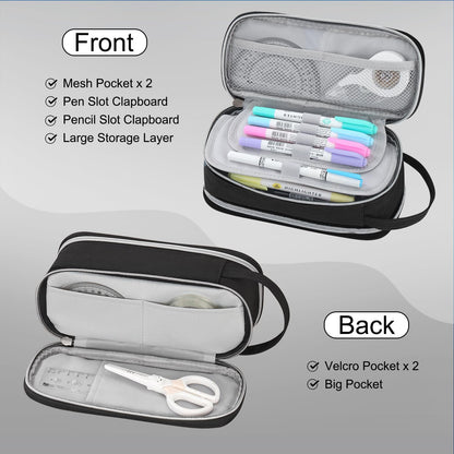 Pencil Case Large Zipper Pencil Pouch for Girls Kids Teens Adults Aesthetic Pencil Bag Stationery Organizer Pencil Case with Handle for School Black