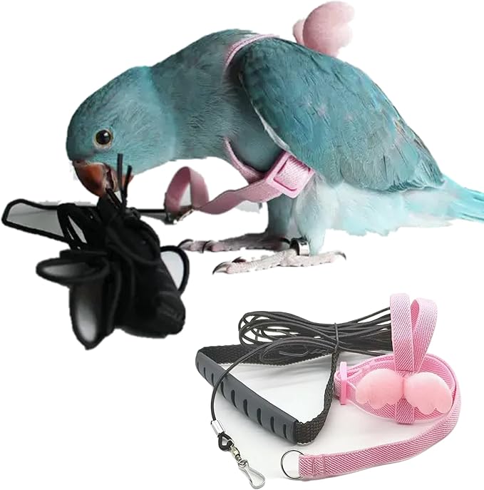 Pet Parrot Bird Harness Leash Adjustable Bird Flying Harness Traction Rope with Cute for Parrots Budgerigar Lovebird Cockatiel Mynah Outdoor Training Toy (Budgerigar/Lovebird,Pink)