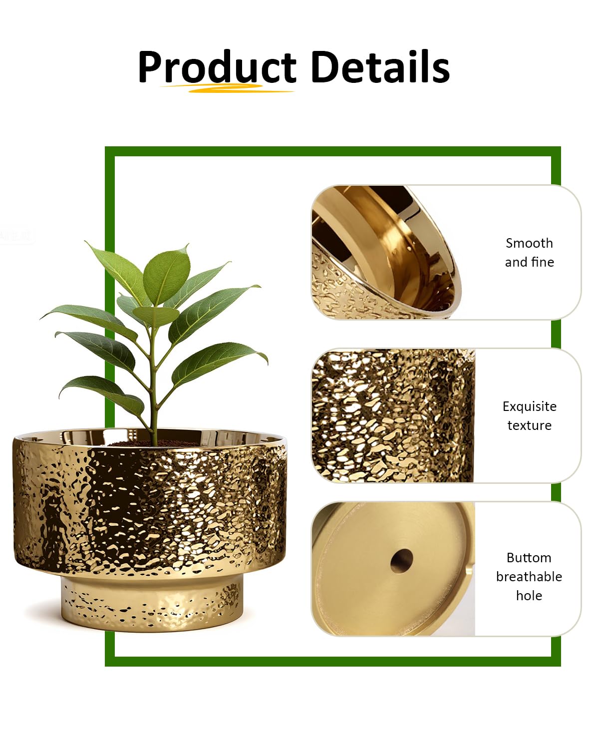OXART Large Plant Pot, 12.2+10+7.7 inch Pots for Plants, Set of 3, Ceramic Planter with Drainage, Gold Indoor Flower Pots with Hole Mesh Pad, Gifts for Mom, Ideal for Home Office Decor, Overgild