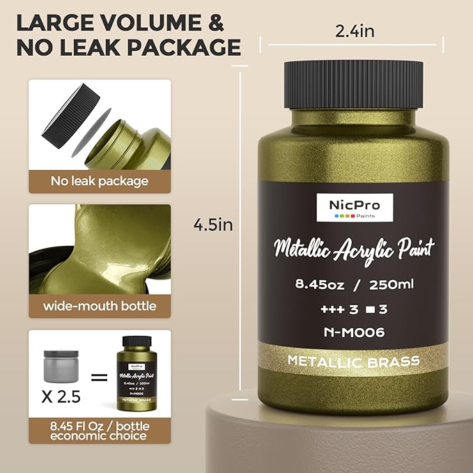 Nicpro Metallic Brass Acrylic Paint, 8.45oz/250ml Large Brass Leaf Paint